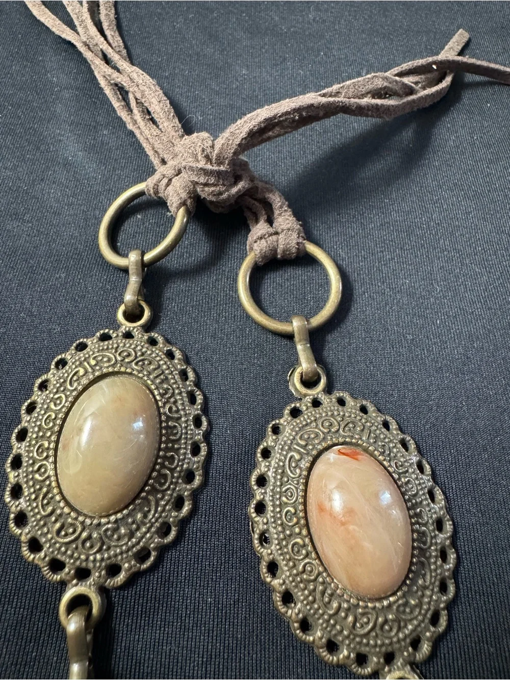 Large Brass Boho Statement Necklace - Marbled Cabochon Medallions